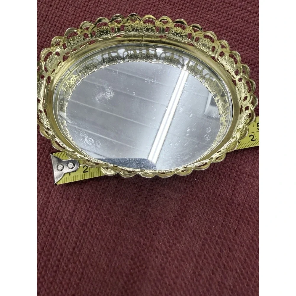 Filigree Brass Oval 4in Mirror Vanity Tray Mid-Century Vintage